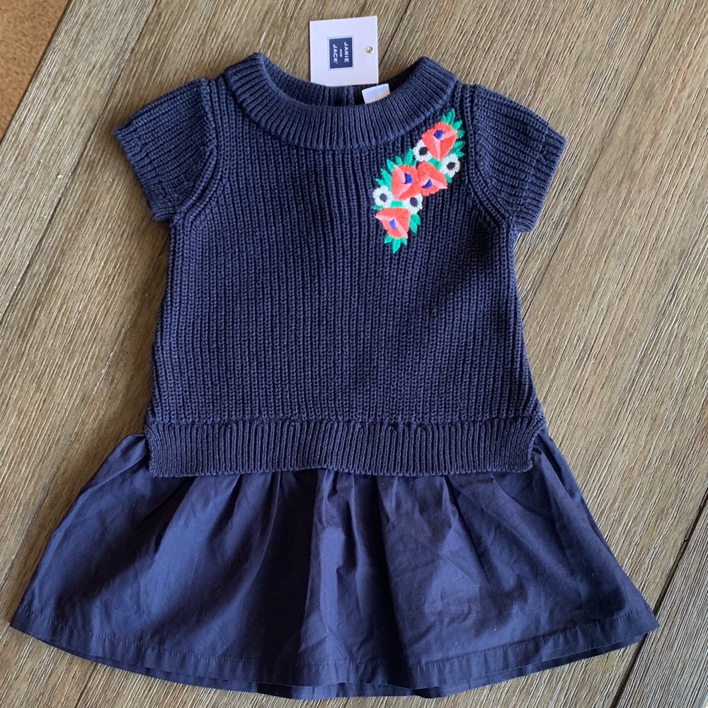Janie and Jack Navy Knit Dress with Floral Embroidery Drop Waist